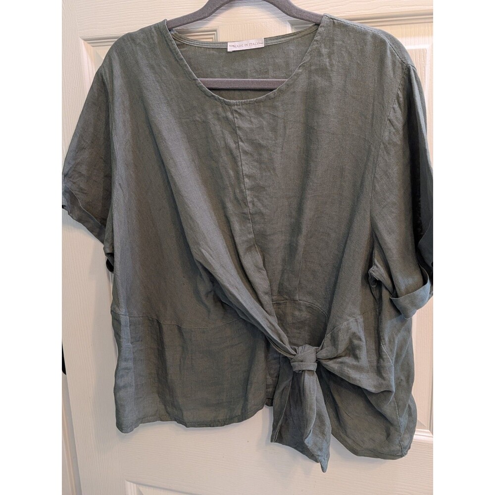Made in Italy 100% Linen Tie Waist Olive Green Women's Top